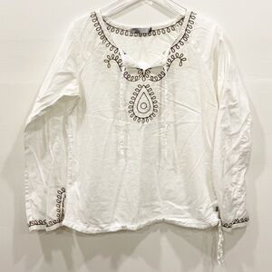 Prana Embroidered Split Neck Lagenlook Top Drawstring Trim Ivory Large Cotton